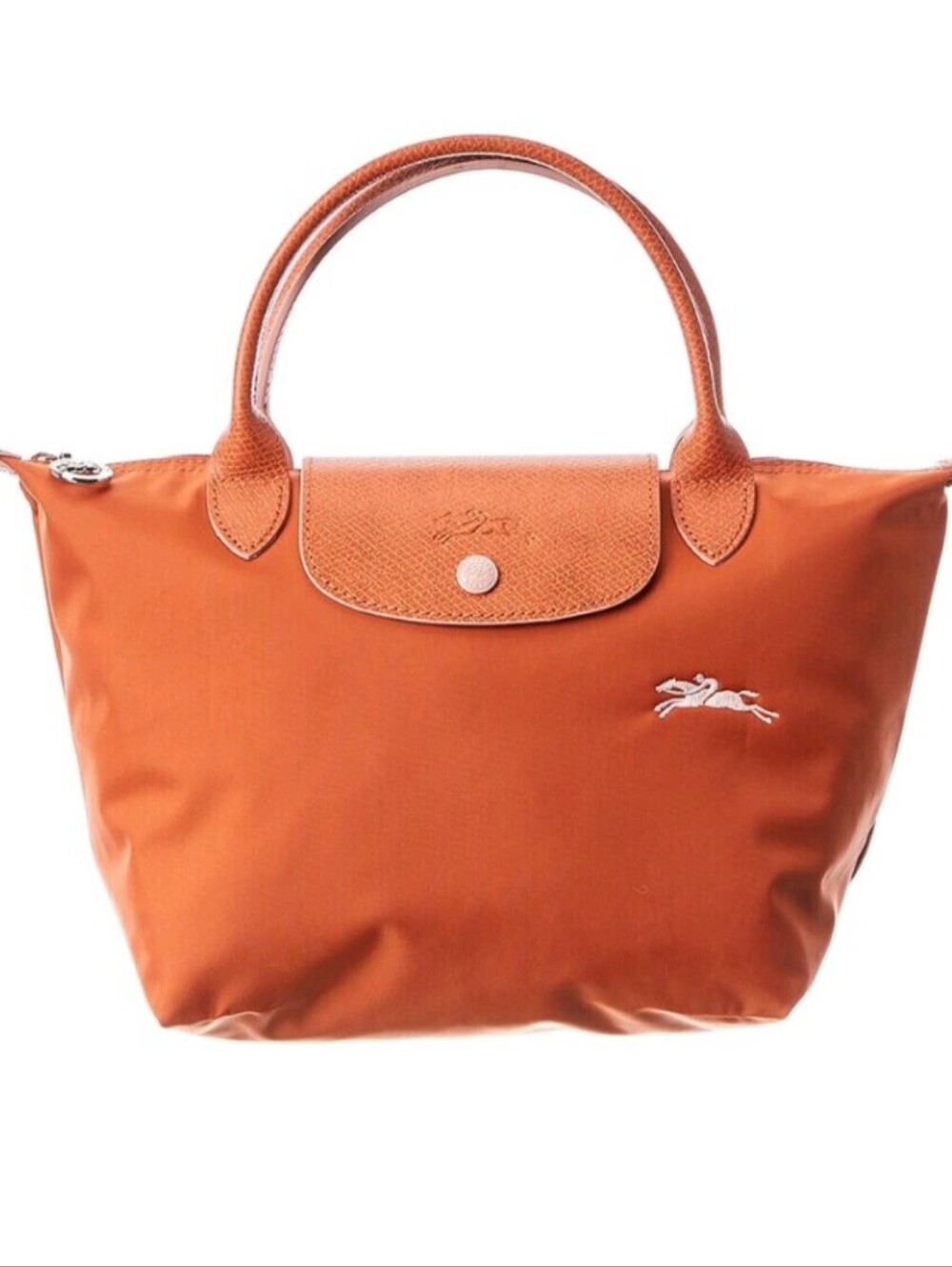Longchamp Le Pliage Small Tote Travel Top-Handle Nylon Leather Rust Orange - Picture 2 of 4